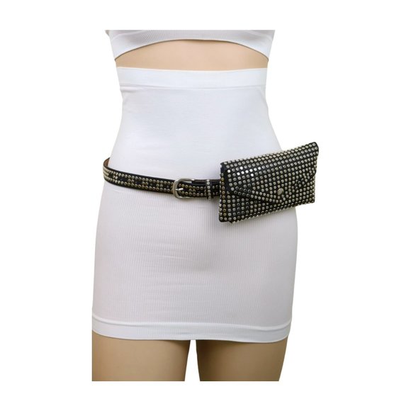 Women Black Faux Leather Skinny Belt + Wallet Bag Silver Studs Size S M z037 main image 7